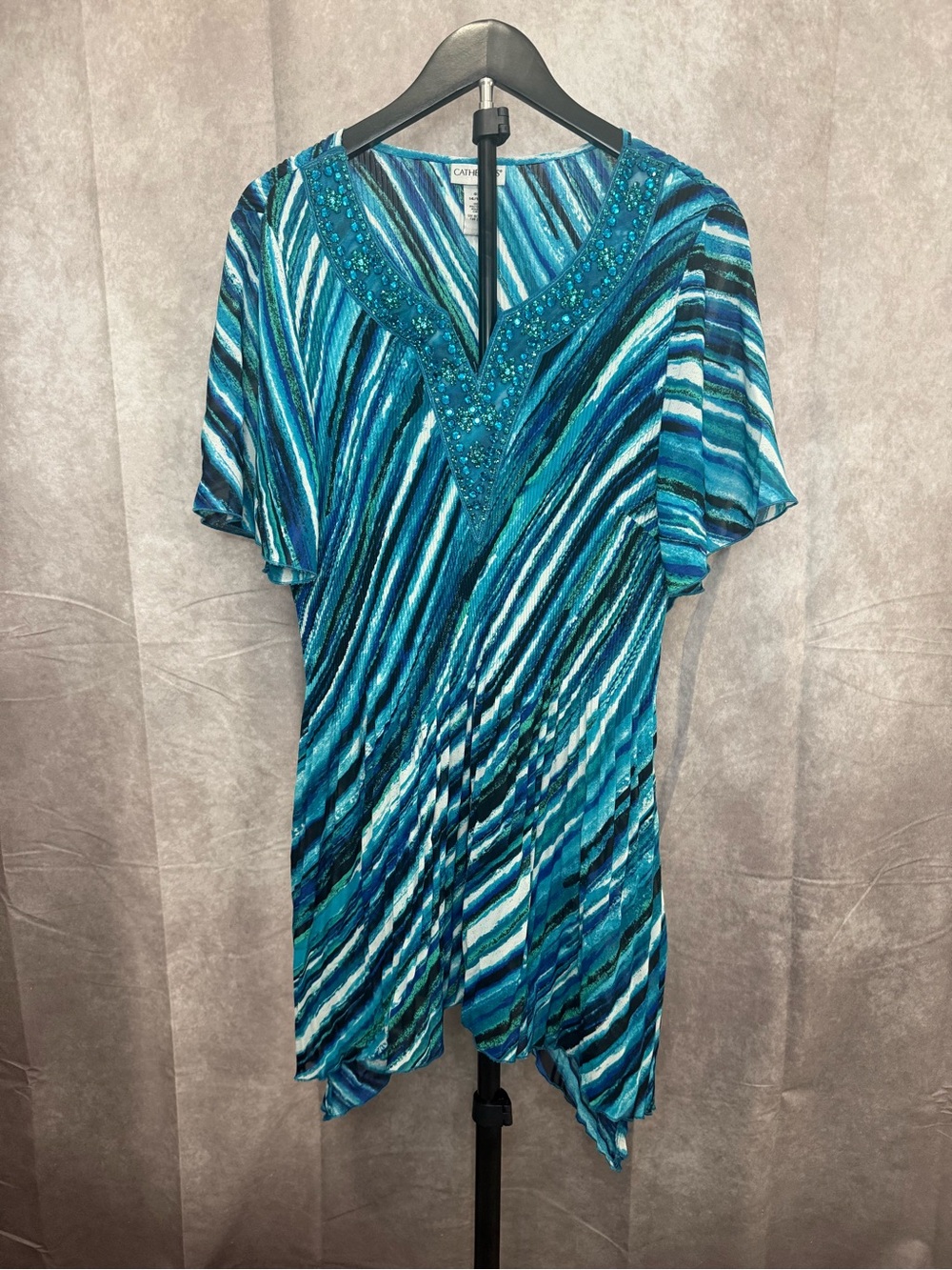 Catherines Teal & Turquoise Beaded V-Neck Asymmetrical Dress